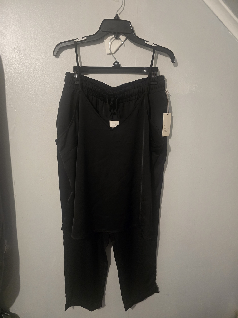 Black Satin Two-Piece Lounge Set - Tank Top & Drawstring Pants